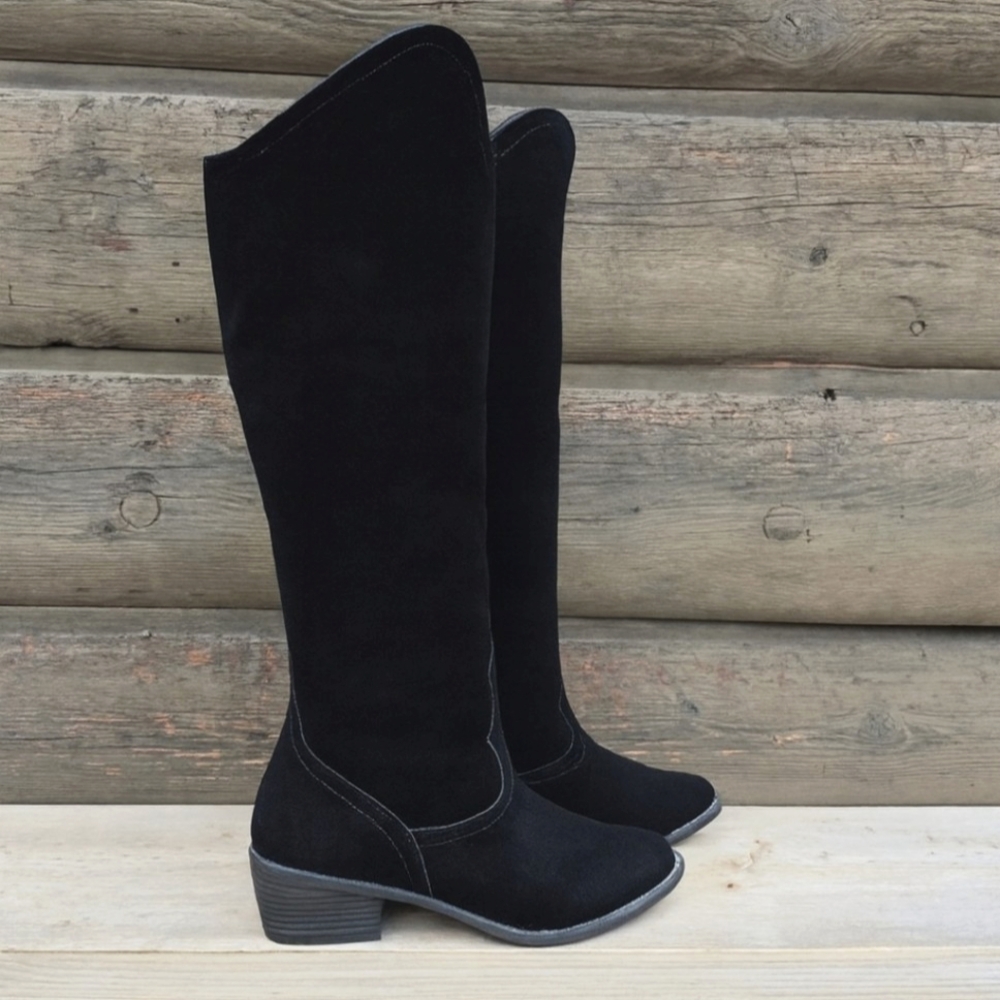 Naughty Monkey NEW Y2K Western Boho Pull On Tab Black Suede Mid-Calf Boots 6.5M